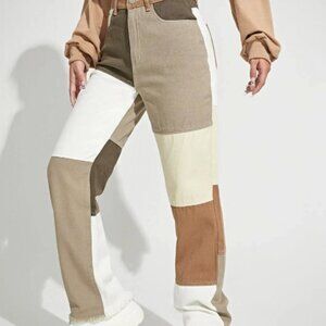 Tan and White Color Block Raw Hem Straight Jeans